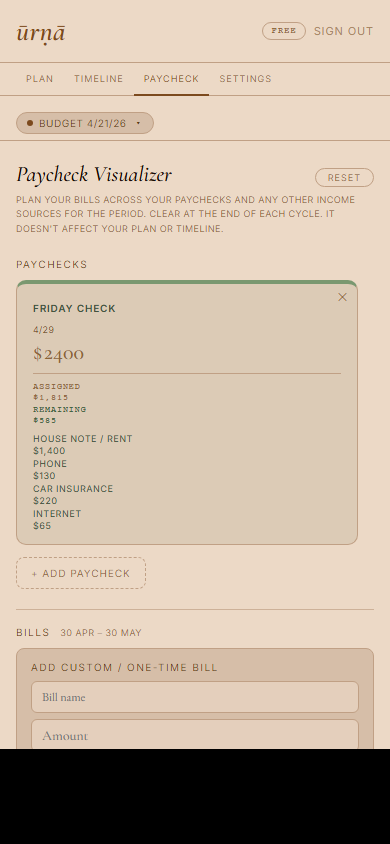 the paycheck visualizer on mobile — assign each bill to the paycheck that will cover it